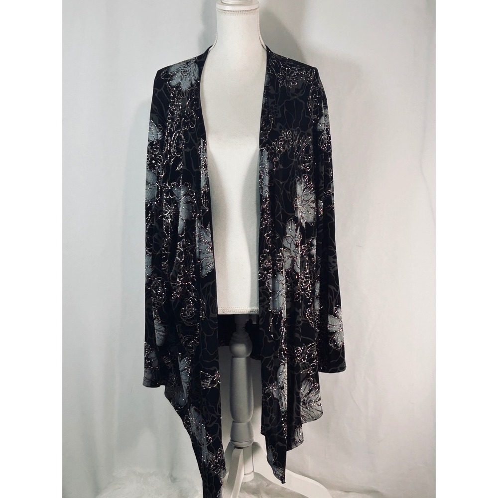 Black Silver Metallic Floral Burnout Open Front‎ Draped Sharkbite Cardigan Wrap